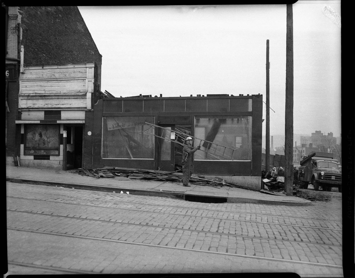 Crystal Barber Shop and Billiard Parlor being razed, 1400 Wylie Avenue, Hill District